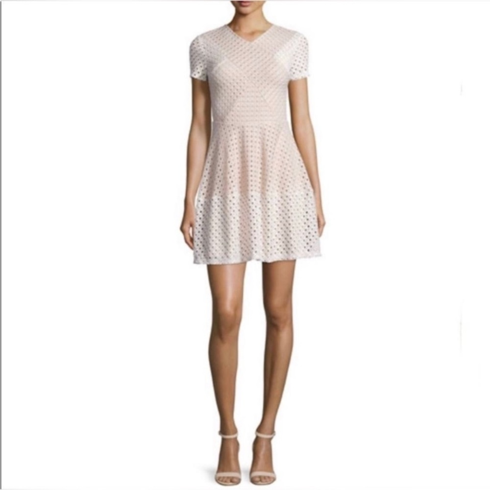 BCBGMAXAZRIA Elyze Short
Sleeve Eyelet Mini Dress in Bare Pink Combo Size M